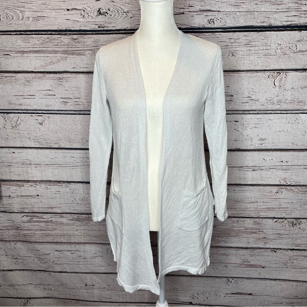 J. Jill XS‎ Petite XSP White Linen Blend Open Front Cardigan Sweater w/ Pockets